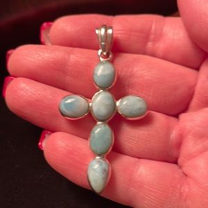 Caribbean Larimar cabochon stone cross pendant